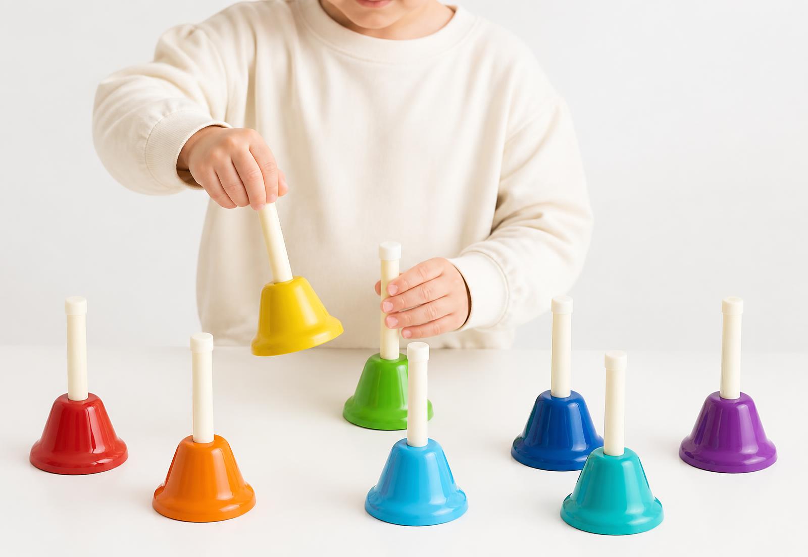 A child playing a set of eight colourful ZOOZO hand bells
